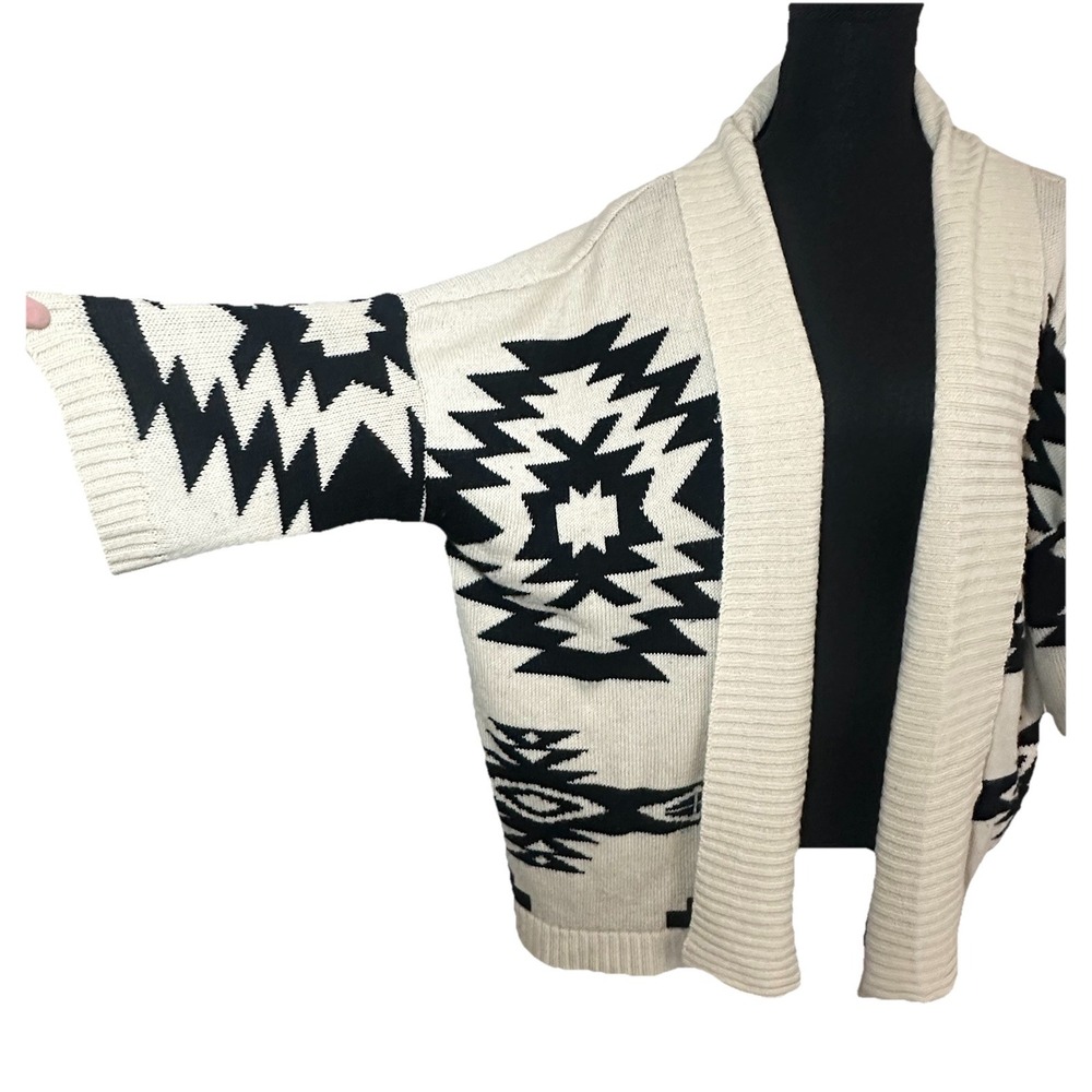Iris Cardigan Mohair Blend Aztec Tribal Southwest Beige Black Sweater MED